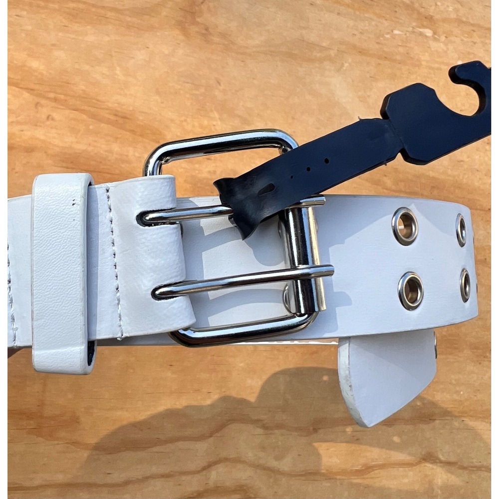 White Genuine Leather Double Grommet Belt Silver Double Prong Buckle Large 38-40